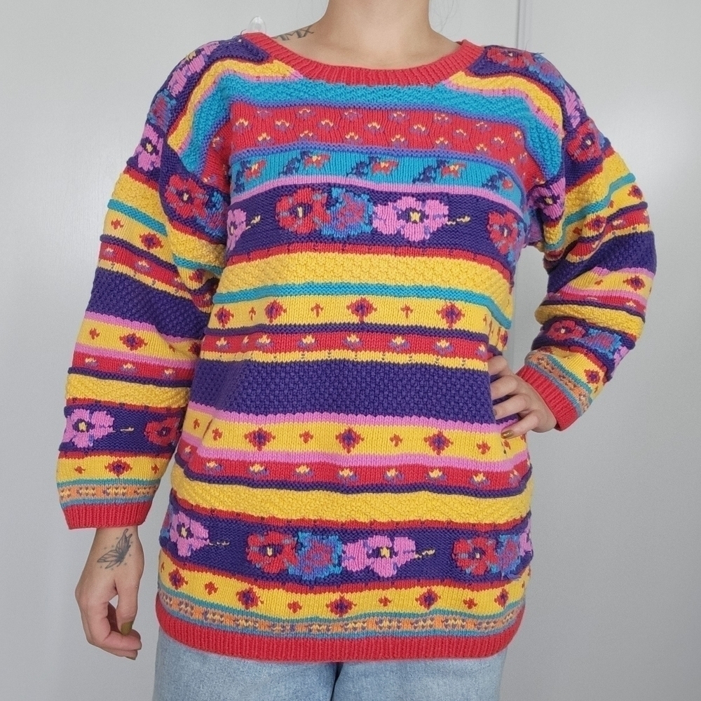 VTG 90s Multi Color Floral‎ Geometric Knit Sweater Pullover Boho Funky Large